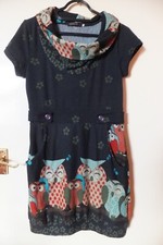 Quirky owl pattern tunic / dress. Dark blue. Cute. Small size (probably 10)
