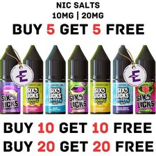 Six Licks Nic Salts e liquid 10/20 mg 10ml Pod Kit Vape Juice 50/50 VG/PG FREE