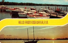 Hello Greetings from Edgewater FL Vtg Postcard Dual View Boats Cabin Cruisers