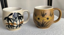 TWO VINTAGE STONEWARE MUGS JOHN BUCK KOREA HAND PAINTED SUNFLOWER BAMBOO DESIGNS