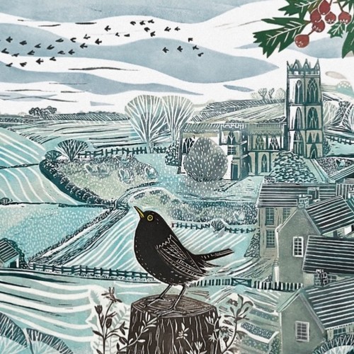 Winter blackbird art - blackbird, charity