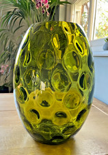 Large Olive Green Dimpled Art Glass Vase – Heavy Bubble Textured Design – 29cm