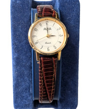 LADIES AVIA WATCH - 847471 White Dial Gold Tone Brown Strap Quartz - Working