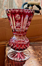 ANTIQUE VINTAGE CRYSTAL BOHEMIAN RUBY RED HAND DIAMOND CUT  THISTLE VASE  8"