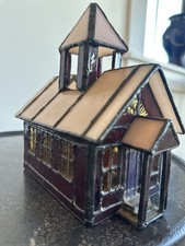 VTG Stained Glass Church, red with pink roof, yellow windows, adorable bell