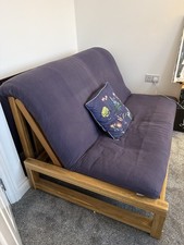 Solid Oak 2-seater Double Sofa Bed by The Futon Company RRP £1069. Purple cover