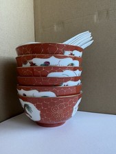 Vintage Chinese Handpainted and Gilded Rice/Soup Bowls and Spoons (Set of 6)