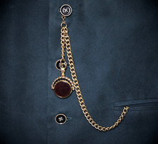 18ct Gold Plated Pocket Watch Albert Chain with Red Onyx Spinner