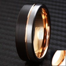 Custom Engraved Tungsten Mens Silver & Black Off-Center Rose Gold Plated Band