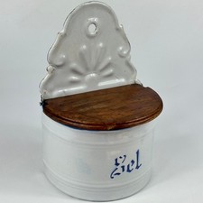 Antique French Kitchen Wall Mounted White & Blue Colour Enamel Salt Container