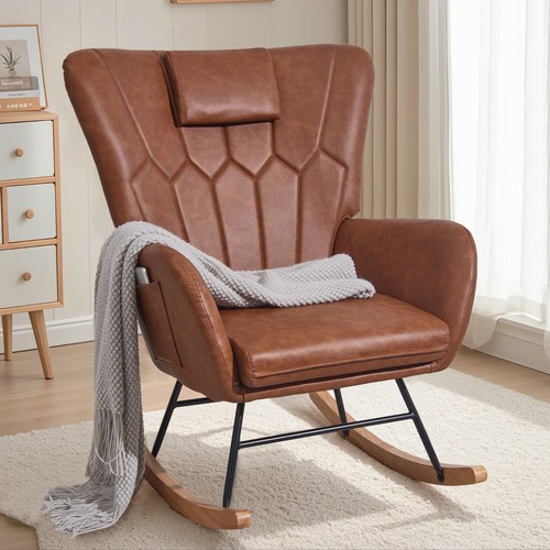 Leather wool rocking chair - leather/wool,