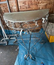 Vintage Antique Cast Irons Half Moon Ornate Console  Side Table glass top 