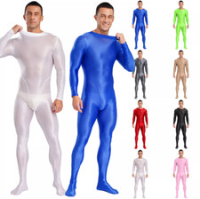 Mens Glossy Bodysuit Zip Back Suit Long Sleeve Leotards Footed Jumpsuit Clubwear