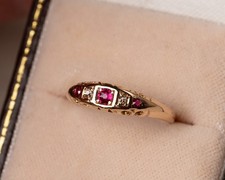 Antique Victorian Ruby and Diamond Boat ring 18ct Gold. (UK P ~ US 7 1/2)