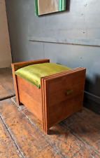 Vintage Art Deco Heals Style Oak & Green Velvet Ottoman Stool Music Storage Box
