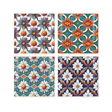 Floral Tiles Glass Coaster Set - Square Colourful Mosaic Set of Four Gift