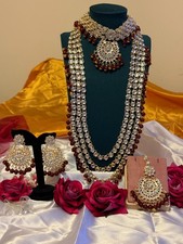 Pakistani/Indian Maroon Kundan & Pearl 18K Gold Plated Bridal Choker Set