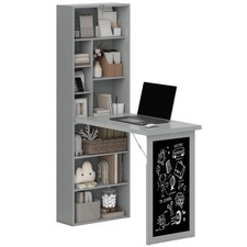 HOMCOM Folding Convertible Desk with Blackboard and Bookshelf, Grey