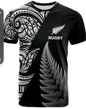 New Zealand Rugby Shirt XXXXXL– Maori Tribal Design Black Polyester T-Shirt 5XL