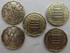 UK Three 3 Pence Nickel Brass Coins - 1941, 1944, 1953, 1959, 1967