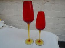 Pair of Tall Handblown Ruby Glass Candle Holders 38cm & 30cm Yellow Stems VGC