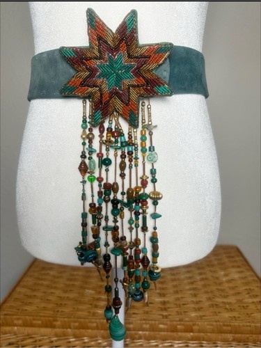 Beaded fringe teal belt
