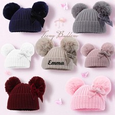 Baby bobble hat pom pom bow personalised embroidered boys girls Nb-12m