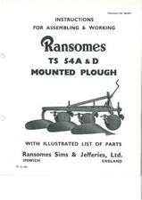 Ransomes TS54 A & D Mounted Plough Operators Manual with Parts List