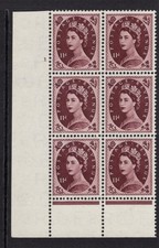 1955 11d BROWN-PURPLE ST.EDWARD CROWN WMK CONTROL BLOCK OF SIX U/MINT. SG 553