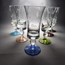 6 Vintage Harlequin Etched Glass Sherry Schooner Glasses Green Blue 50ml 11.7cm