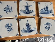 Royal Tichelaar Makkum Dutch 5” Delft Blue And White Windmill Tile x6
