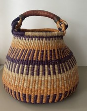 African Woven Market Basket Leather Wrap Handle - Purple/Orange