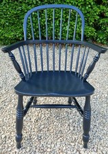 19TH CENTURY SOLID ELM & ASH COMB BACK ELBOW CHAIR IN PITCH BLACK FARROW & BALL