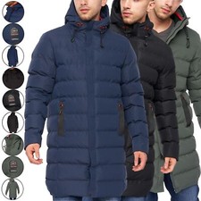 Mens Crosshatch Long Below Knee Parka Jacket Puffer Padded Hooded Bubble Coat