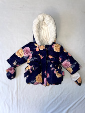 George Baby Girls Floral Padded Winter Coat 0-3 Months Hooded Faux Fur Jacket