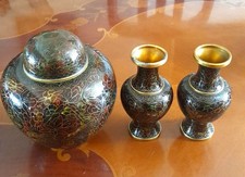 CHINESE /JAPANESE ANTIQUE CLOISONNE ENAMEL GINGER JAR + 2 X VASES 