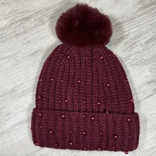 Burgandy solid knit hat rolled - burgandy,