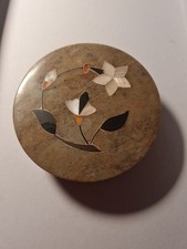 Vintage Soap Stone Round Trinket Jewellery box Inlaid Mother of Pearl