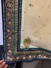Cream Gold Designer Saree Blue