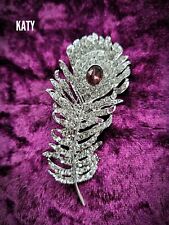 Silver Peacock Bird Feather Big Burgundy Crystal Vintage Look Brooch Pin Gift