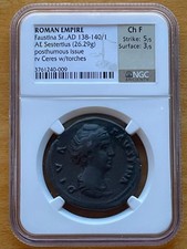 Roman Empire Faustina SR 138-140 AE Sestertius NGC Choice Fine 5/5 3/5