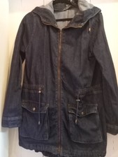 Womens long denim coat  with hood  zip fastening by Brave Soul size 10 
