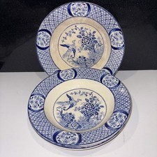 Four Early WOODS YUAN PATTERN DESSERT BOWLS 8” wide rim soup bowls staining Good