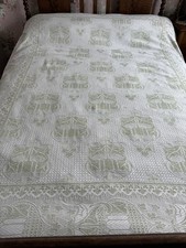 Vintage 1950s Green White AXA Jacquard Bedspread Art Nouveau Design 76 X 97” #B1