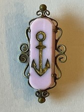  Antique Nautical Anchor Pink Glass & Brass Brooch Pin Czech Bohemian 1920 1930s