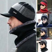 Men Winter Warm Hat Knit Visor Beanie Fleece Lined Billed Beanie with Brim Caps