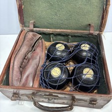 Lawn Bowls Antique Set with LEATHER Shoes & Case 1.35kg Each Wood BIB Mark