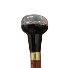 Vintage Oak Walking Stick Cane  Round Silver Tractor Resin Handle & Brass Collar