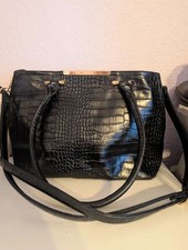 Black Crocodile-Effect Handbag with Gold Details