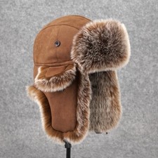 UK STOCK Men Faux Fur Suede Leather Hat Warm Trapper Hat Cap Ski Ushanka Cossack